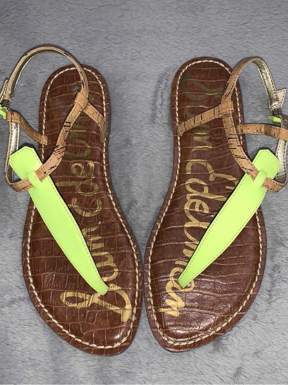 Sam Edelman Brown Faux-Croc Sandals with Neon Green T-Strap